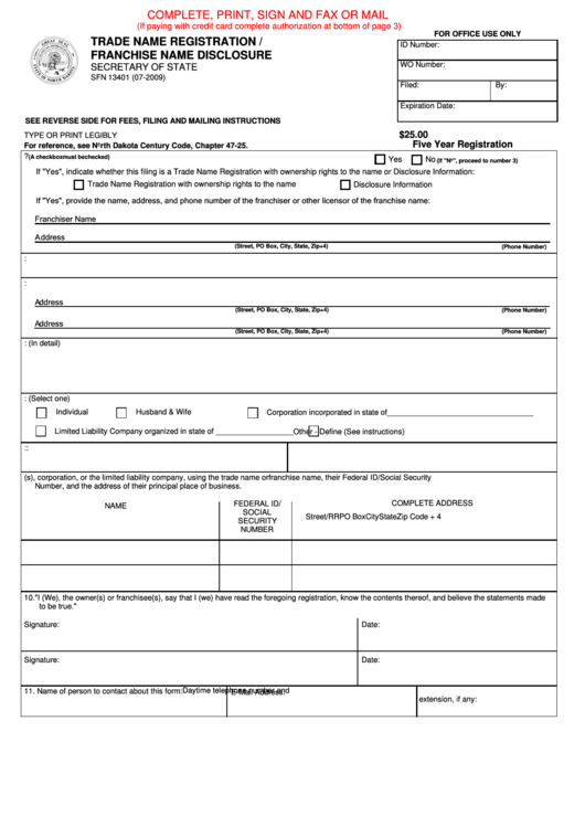 Fillable Form Sfn 13401 - Trade Name Registration / Franchise Name Disclosure Printable pdf