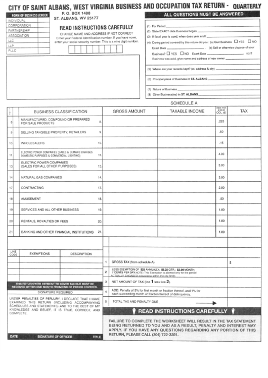 City Of Saint Albans, West Virginia Business And Oggupation Tax Return- Quarterl Form Printable pdf