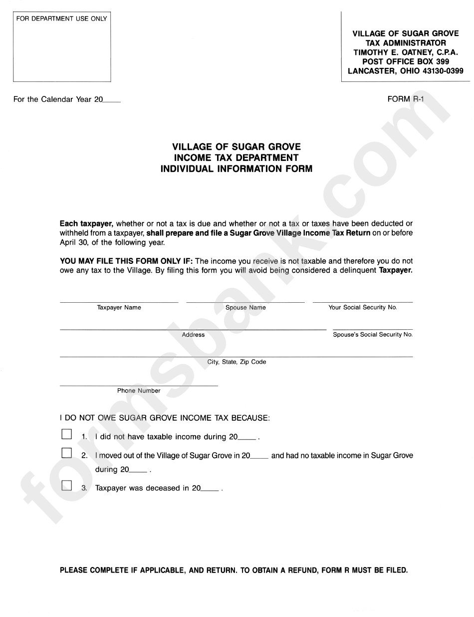 Form R-1 - Individual Information - Village Of Sugar Grove - Income Tax Department