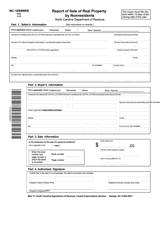 Form Nc-1099nrs - Report Of Sale Of Real Property By Nonresidents Printable pdf