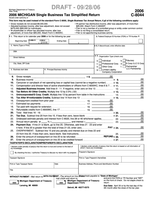 Form C-8044 Draft - Michigan Single Business Tax Simplified Return - 2006 Printable pdf
