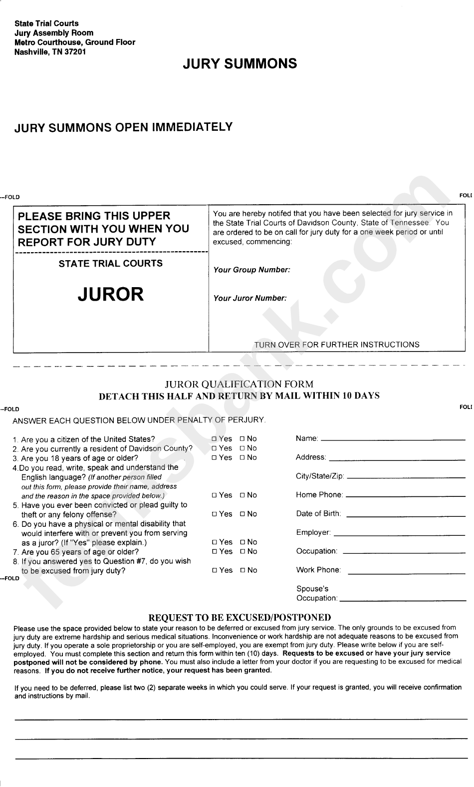 Juror Qualification Form Jury Summons printable pdf download