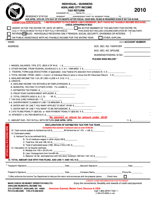 Individual/business Income Tax Return - Ashland Municipal Income Tax - 2010 Printable pdf