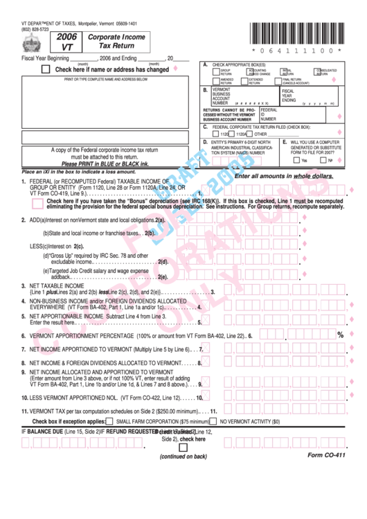 Form Co-411 Draft - Corporate Income Tax Return - 2006 Printable pdf