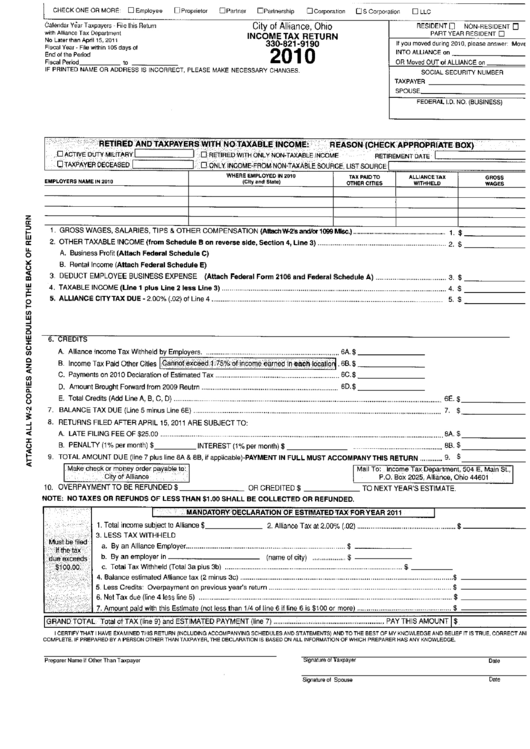 Income Tax Return - City Of Alliance Form - 2010 Printable pdf