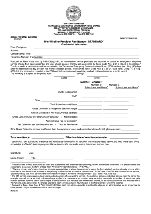 Form In-1678 - Non-Wireline Provider Remittance - Standard - Tennessee Emergency Communications Board - Department Of Commerce & Insurance Printable pdf