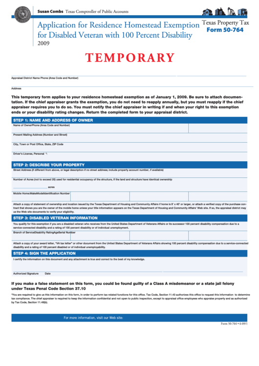 Fillable Form 50-764 - Application For Residence Homestead Exemption For Disabled Veteran With 100 Percent Disability - 2009 Printable pdf