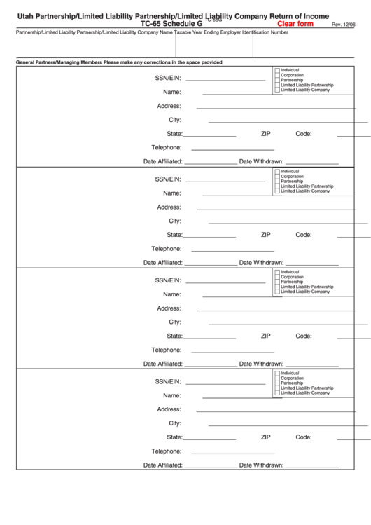 Fillable Form Tc-65g - Schedule G/schedule L - Utah Partnership/limited Liability Partnership/limited Liability Company Return Of Income Printable pdf