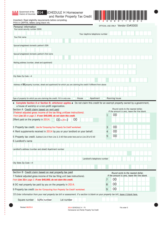 Schedule H - Homeowner And Renter Property Tax Credit - 2014 Printable pdf