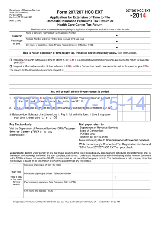 Form 207/207 Hcc Ext Draft - Application For Extension Of Time To File Domestic Insurance Premiums Tax Return Or Health Care Center Tax Return - 2014 Printable pdf
