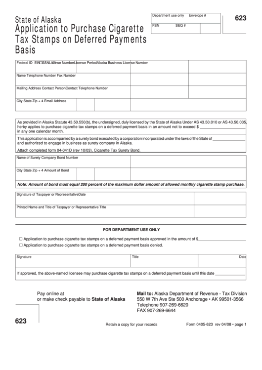 Form 0405-623 - Application To Purchase Cigarette Tax Stamps On Deferred Payments Basis Printable pdf
