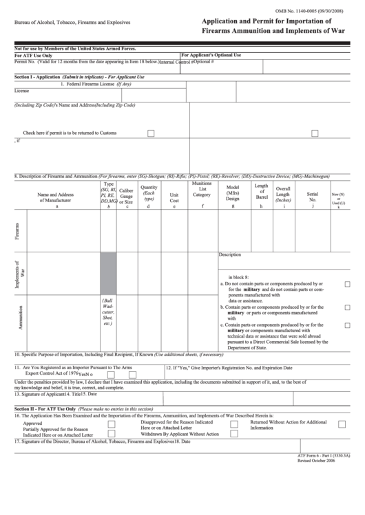 Fillable Atf Form 6 - Application And Permit For Importation Of Firearms Ammunition And Implements Of War Printable pdf