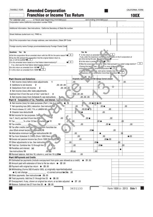 California Form 100xdraft - Amended Corporation Franchise Or Income Tax Return - 2013 Printable pdf