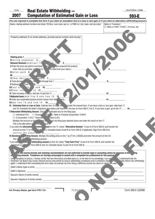 California Form 593-E Draft - Real Estate Withholding - Computation Of Estimated Gain Or Loss - 2007 Printable pdf