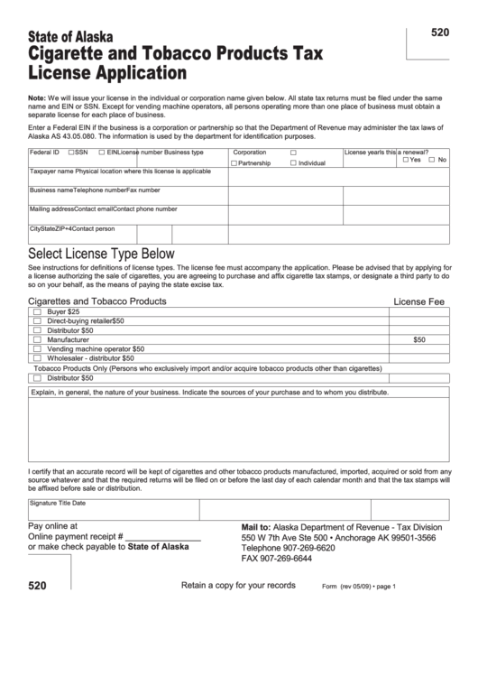 Form 0405-520 - State Of Alaska Cigarette And Tobacco Products Tax License Application Printable pdf