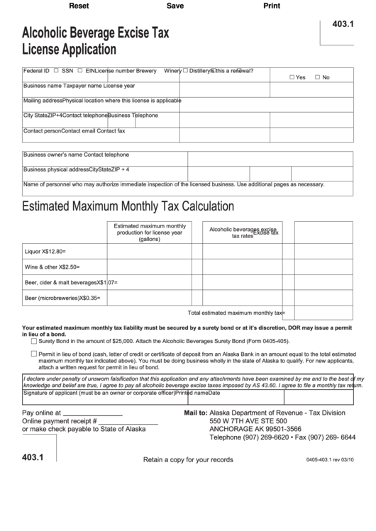 Fillable Form 0405-403.1 - Alcoholic Beverage Excise Tax License Application Printable pdf