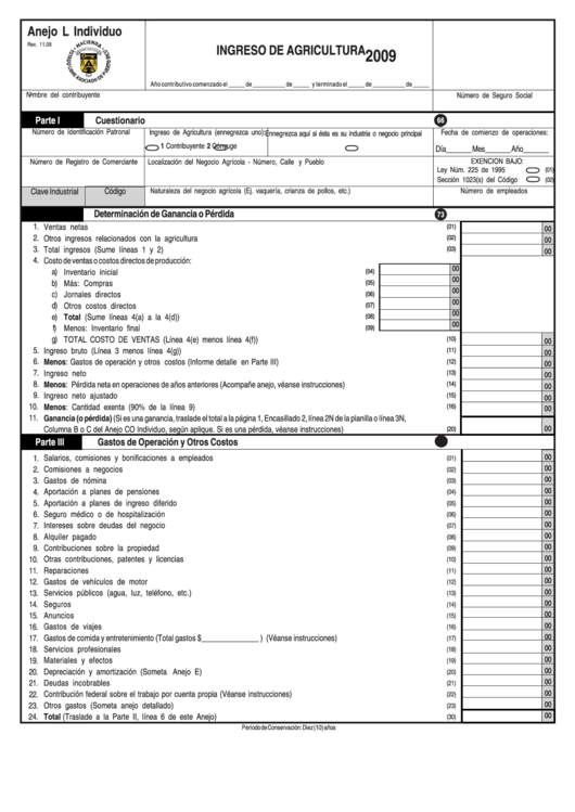 Anejo L Individuo - Ingreso De Agricultura - 2009 Printable pdf