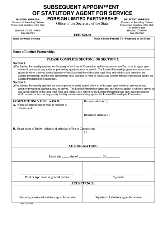 Subsequent Appointment Of Statutory Agent For Service Foreign Limited Partnership Printable pdf