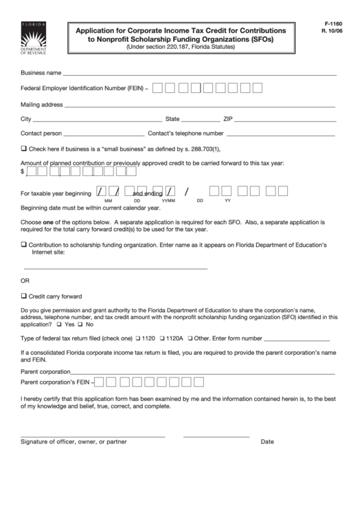 Form F-1160 - Application For Corporate Income Tax Credit For Contributions To Nonprofit Scholarship Funding Organizations (Sfos) Printable pdf
