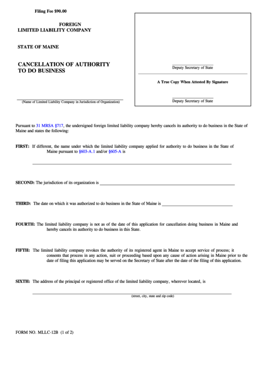 Fillable Form Mllc-12b - Cancellation Of Authority To Do Business Printable pdf