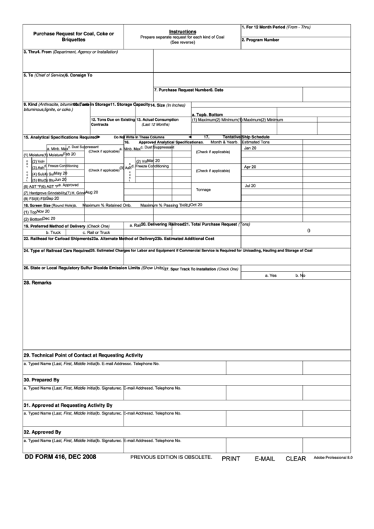 Fillable Dd Form 416 - Purchase Request For Coal, Coke Or Briquettes - 2008 Printable pdf