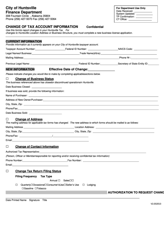 Fillable Change Of Tax Account Information Form - City Of Huntsville Finance Department Printable pdf