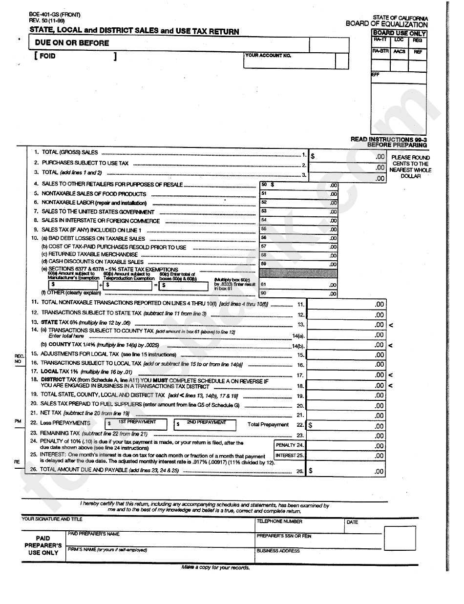 Form Boe-401-Gs - State, Local And District Sales And Use Tax Return