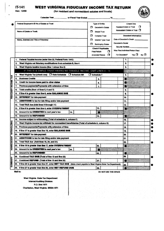 Form It-141 - West Virginia Fiduciary Income Tax Return Printable pdf