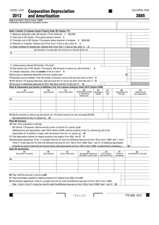 Fillable California Form Ftb 3885 - Corporation Depreciation And Amortization - 2012 Printable pdf