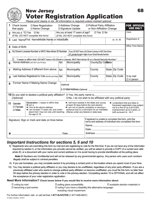 Fillable Form 68 - Voter Registration Application Printable pdf