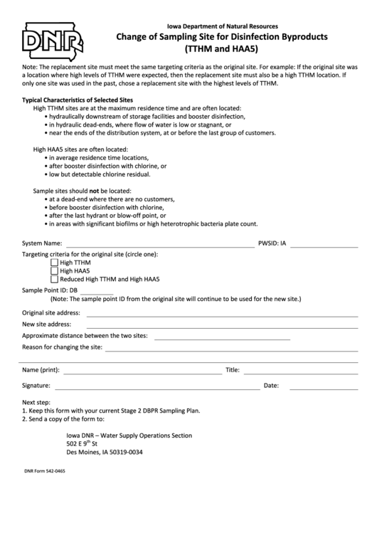 Fillable Dnr Form 542-0465 - Change Of Sampling Site For Disinfection Byproducts Printable pdf