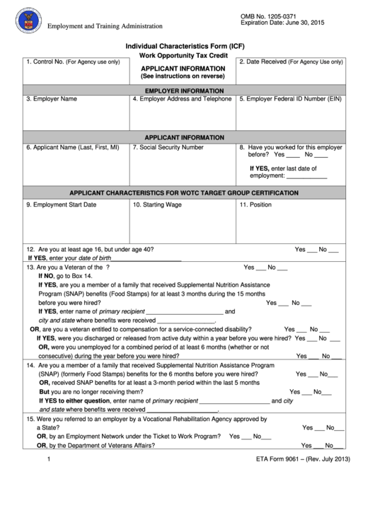Eta Form 9061 - Work Opportunity Tax Credit Printable pdf
