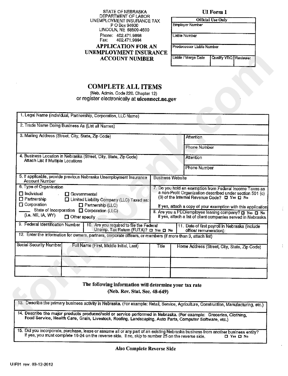 Ui Form 1 - Application For An Unemployment Insurance Account Number