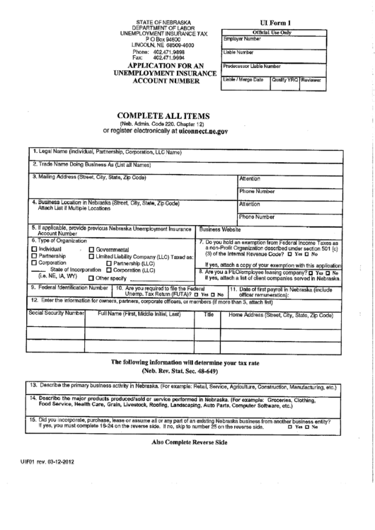 Ui Form 1 - Application For An Unemployment Insurance Account Number Printable pdf