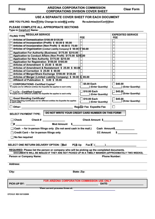 Fillable Form Cfcvlr - Corporations Division Cover Sheet - Arizona Corporation Comission Printable pdf