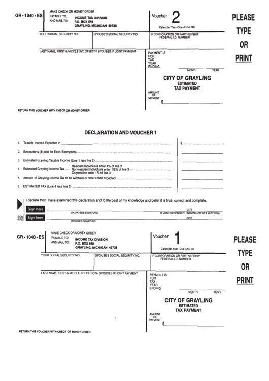 Form Gr-1040-Es - City Of Grayling Estimated Tax Payment Printable pdf