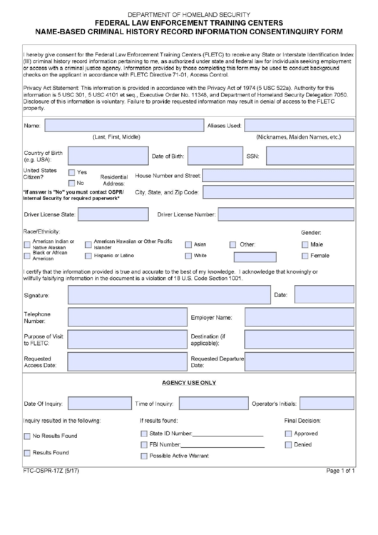 Form Ftc-Cspr-17z - Federal Law Enforcement Training Centers Name-Based Criminal History Record Information Consent/inquiry Form Printable pdf