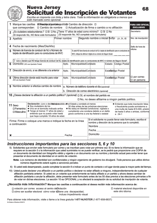 Fillable Form 68 - Solicitud De Inscripcion De Votantes Printable pdf