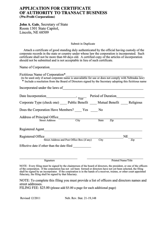Fillable Application For Certificate Of Authority To Transact Business Printable pdf