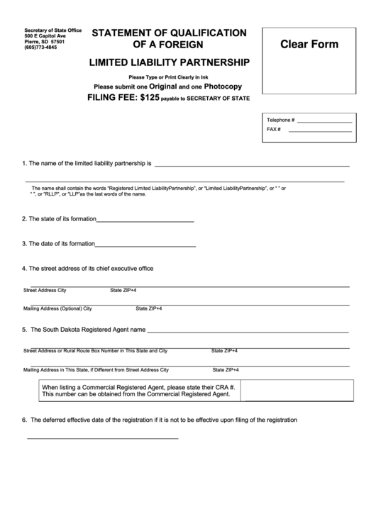 Fillable Statement Of Qualification Of A Foreign Limited Liability Partnership Form - Secretary Of State Office Printable pdf