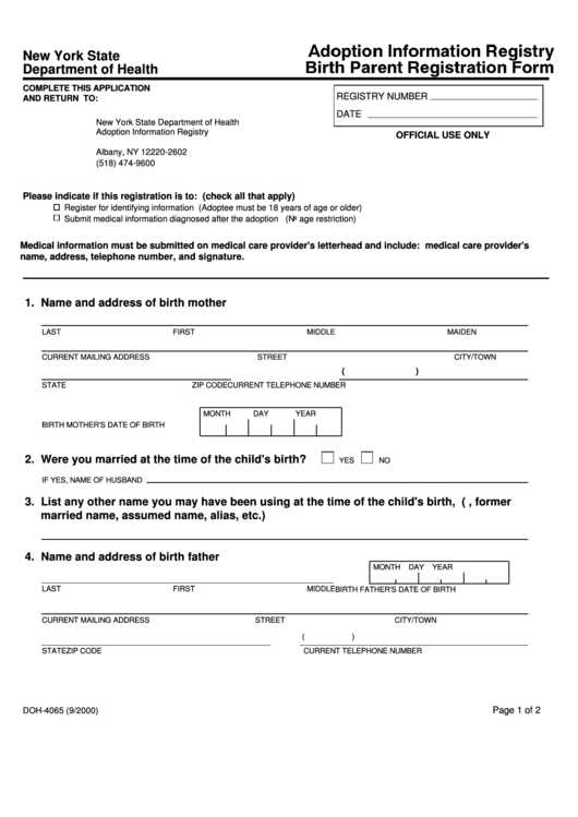 Form Doh-4065 - Adoption Information Registry Birth Parent Registration Form - New York State Department Of Health Printable pdf