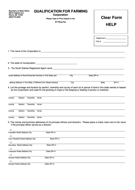 Fillable Qualification For Farming (Corporation) Form - Secretary Of State Office Printable pdf