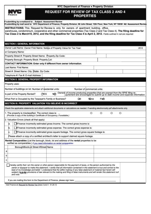 Fillable Request For Review Of Property Value For Tax Class 2 And 4 Properties Form - Nyc Department Of Finance Printable pdf
