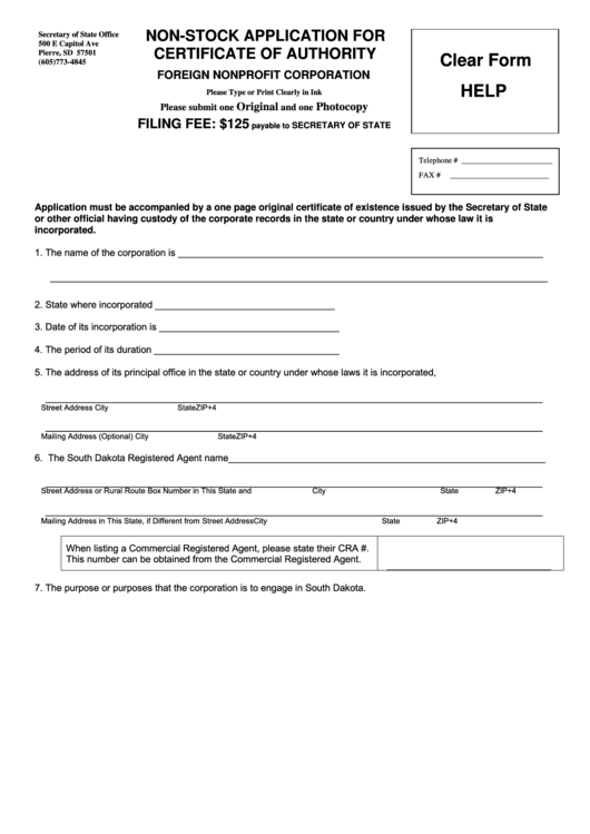 Fillable Non-Stock Application For Certificate Of Authority (Foreign Nonprofit Corporation) - Secretary Of State Office Printable pdf