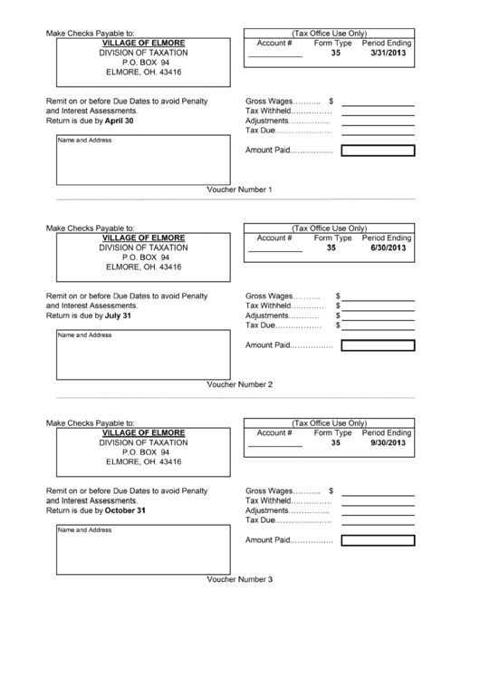 Record Of Village Of Elmore Municipial Taxes Withheld Form - 2013 Printable pdf