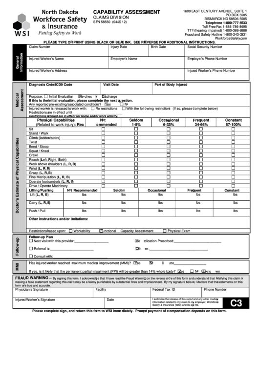 Form Sfn 58550 - Capability Assessment - North Dakota Workforce Safety And Insurance Printable pdf