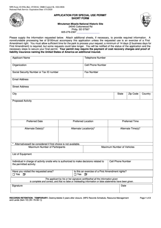 Nps Form 10-930s - Application For Special Use Permit