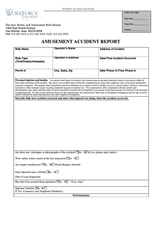 Amusement Accident Report - Iowa Workforce Development Printable pdf