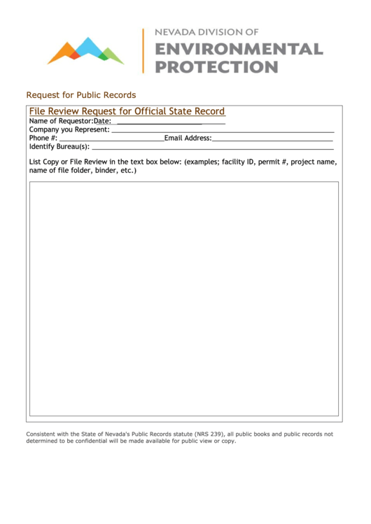 Fillable Request For Public Records - Nevada Division Of Environmental Protection Printable pdf
