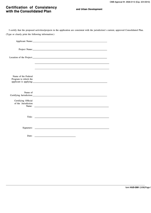 Fillable Form Hud-2991 - Certification Of Consistency With The Consolidated Plan - U.s. Department Of Housing And Urban Development Printable pdf